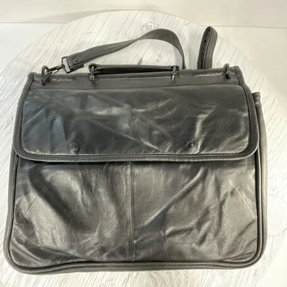 Black Leather Messenger Bag Magnetic Snap Button Close Shoulder Strap - Picture 2 of 16